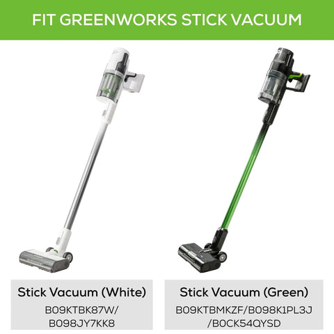 Two Greenworks stick vacuums, one white and one green, compatible with 2-Pack Replacement HEPA Filters for Stick Vacuums That Fit SVG24L410 SVG24L411 SVW24L410 SVW24L411 Heavy Duty Filtration to Boost Suction Trap Fine Dust and Allergens Easy Snap In Design for Quick Swaps Prolongs Vacuum Life.