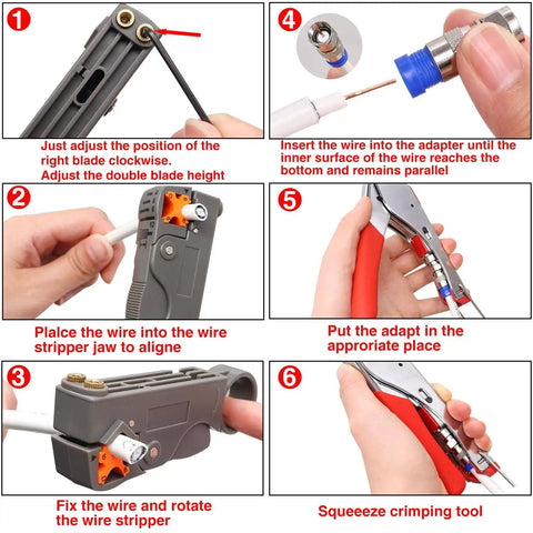 Steps to use Coax Cable Crimper Tool Kit With 20 F Style RG59 RG6 Compression Connectors, Coaxial Cable Stripper, Adjustable Pliers