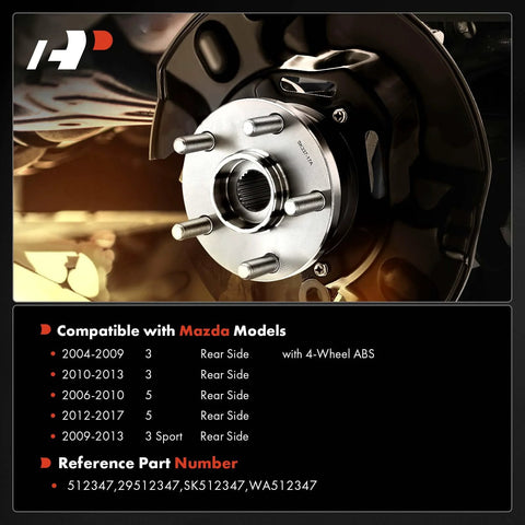 Rear Wheel Bearing And Hub Assembly 5-Lug Compatible With Mazda 3 2004-2013, Mazda 3 Sport 2009-2013, And Mazda 5 2006-2010/2012-2017, 4 Wheel ABS Ready, Built-To-Last Heavy-Duty Load Capacity For Smooth Quiet Daily Driving installed view