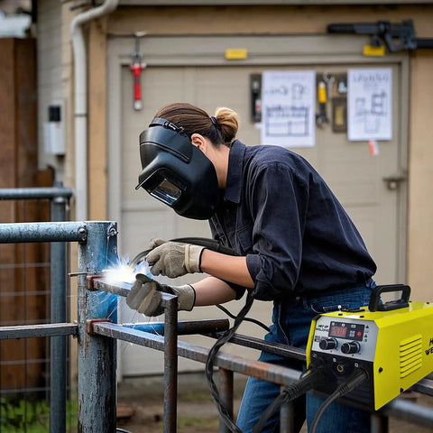 Person welding metal pipe with Versatile 140 Amp Mig Welder 2 In 1 Stick And Flux Core Arc Welder, wearing safety gear