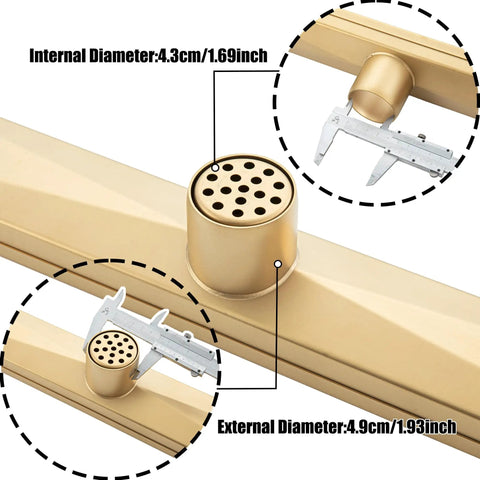 Close-up of champagne gold shower drain with measurements. Internal diameter 4.3cm and external diameter 4.9cm.