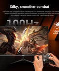 24 Inch Gaming Monitor With 100Hz Refresh, Built In Speakers, 1080p Display showing gaming graphics, hands holding controller