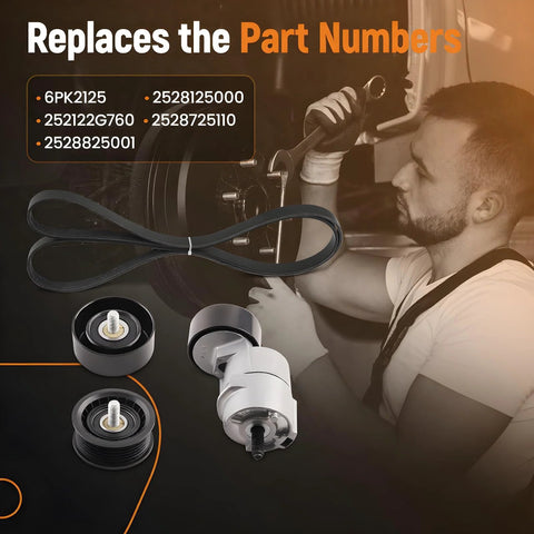Belt Tensioner Idler Pulley Serpentine Drive Belt Kit For Hyundai Sonata Santa Fe Santa Fe Sport Tucson Optima Magentis Sorento Forte 07-15 2.4L Replacement All In One Kit shown with mechanic installation