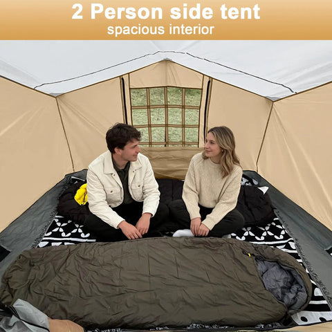 Two Person Canopy Side Tent For 10x10 Or 10x20 Gazebos With Mesh Window Easy Up Cube Tent interior view with people seated inside