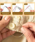 37Pcs Big Eye Steel Sewing Needles Kit With Threader And Repair Tools demonstrating threading process on a beige shirt.
