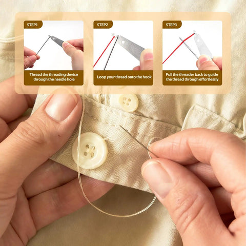 37Pcs Big Eye Steel Sewing Needles Kit With Threader And Repair Tools demonstrating threading process on a beige shirt.
