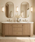 Lowkey Stunning 94 Inch Freestanding Double Sink Bathroom Vanity With Real Marble Top And Super Roomy Drawers For A Straight Up Clean Setup That Keeps Daily Essentials Well Organized in a modern bathroom setting.
