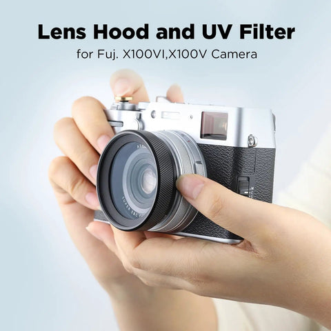 Hands holding camera fitted with 2in1 Pro Grade Metal Lens Hood With UV Filter For Fujifilm X100V X100VI Cameras