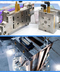 Close-up view of metal industrial components and assembly parts on a workshop table, showcasing precision engineering.