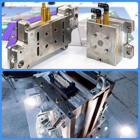 Machined metal components with internal threads and fittings, suitable for furniture or industrial applications.