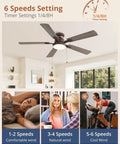 LEDIARY 52inch Ceiling Fans with Light Pull Chain and Remote Control Brown featuring 6 speeds and timer settings in living space.