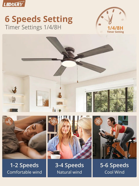 LEDIARY 52inch Ceiling Fans with Light Pull Chain and Remote Control Brown featuring 6 speeds and timer settings in living space.