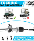 Golf Cart Steering Gear Box Assembly For EZGO TXT 2001 Up Gas And Electric Models with illustrations of compatible carts.