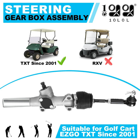 Golf Cart Steering Gear Box Assembly For EZGO TXT 2001 Up Gas And Electric Models with illustrations of compatible carts.