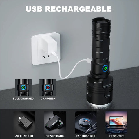 Beast 900,000 Lumen Rechargeable Flashlight Two Pack With 12 Hour Run Time, XHP70 LED charging via USB plugged into wall outlet