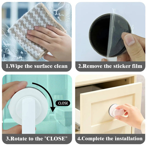 Installation steps for Heavy Duty Suction Cup Handles 2 Pack Vacuum Glass Door Knobs, showing cleaning, peeling, rotating, and final setup.