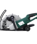 14 Inch Electric Concrete Saw With 15 Amp Motor And Wet Dry Setup, side view, features diamond blade for cutting granite tile.