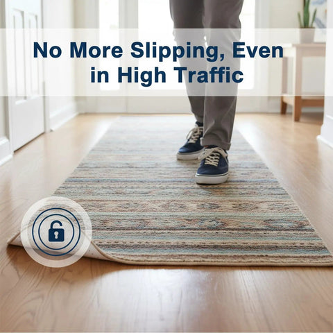 Person walking on rug secured by 16 Piece Rug Corner Grippers No Slip Rug Pads For Hardwood And Tile Non Slip Carpet Adhesive Tape 3.94 x 3.94 in.