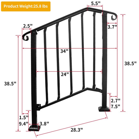 Diagram of Adjustable Handrail For Two Or Three Steps With Real Wrought Iron Material showing dimensions and design details.