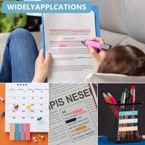 Sticky Book Tabs Set With Repositionable Book Markers, Writable Transparent Flags for school calendar and document marking.