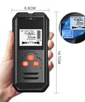Straight Up Digital Stud Finder With Bright LCD Display For Precise Wood And Metal Wall Scan Plus AC Wire Voltage Locator, hand-held device in use.