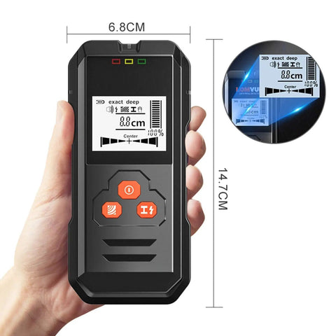 Straight Up Digital Stud Finder With Bright LCD Display For Precise Wood And Metal Wall Scan Plus AC Wire Voltage Locator, hand-held device in use.