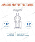 Front cross-section view of a heavy-duty gate valve with wheel handle; cast brass body, 1 in FIP connections