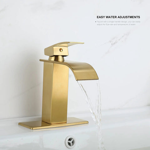 Gold Waterfall Bathroom Faucet With Brushed Gold Finish Modern Single Handle Vanity Faucet For One Hole Sink Lead Free Stainless Steel Smooth Waterfall Spout Easy Install Includes Drain And Supply Lines brushed gold