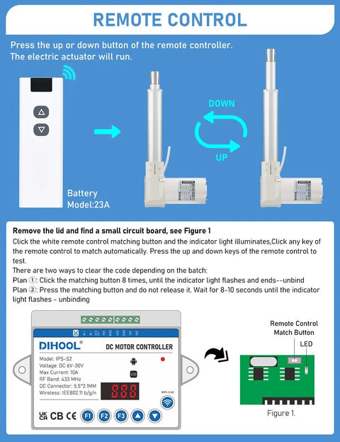 DIHOOL electric actuator controller with wireless remote and linear actuator in up/down positions (front view).