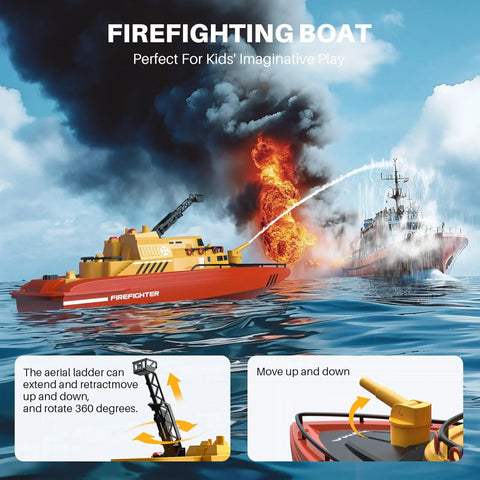Awesome Remote Control Fireboat RC Boat For Kids 8 To 12 With 40 Minutes Run Time battling a simulated fire at sea.
