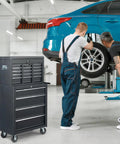 9 Drawer Rolling Tool Chest With Wheels And Lock Top Box With 5 Drawers And Bottom Cabinet With 4 Drawers Removable Design For Easy Split Use Heavy Duty Steel Storage For Workshop Garage Or Shop in auto repair bay