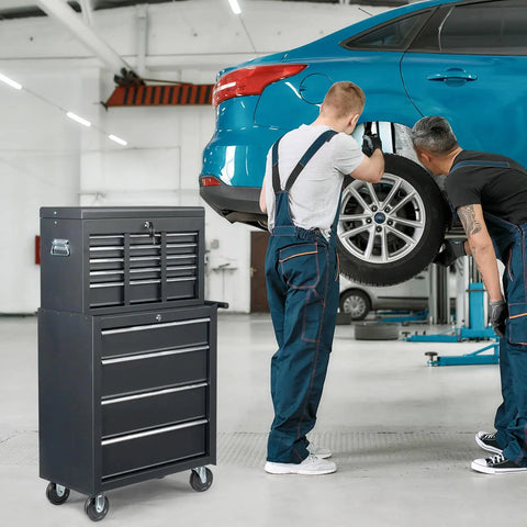 9 Drawer Rolling Tool Chest With Wheels And Lock Top Box With 5 Drawers And Bottom Cabinet With 4 Drawers Removable Design For Easy Split Use Heavy Duty Steel Storage For Workshop Garage Or Shop in auto repair bay