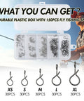 Open plastic box with 150 Stainless Steel Quick Change Fly Fishing Snaps, five sizes shown, no knot clip image inset.