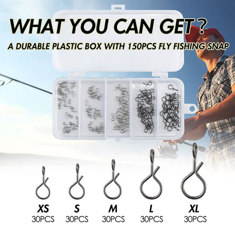 Open plastic box with 150 Stainless Steel Quick Change Fly Fishing Snaps, five sizes shown, no knot clip image inset.