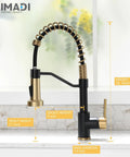 Badass Matte Black Kitchen Faucet With Sleek Gold Accent Pull Down Sprayer showing height and spout details, designed for farmhouse sinks and RVs.