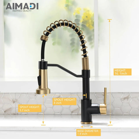 Badass Matte Black Kitchen Faucet With Sleek Gold Accent Pull Down Sprayer showing height and spout details, designed for farmhouse sinks and RVs.