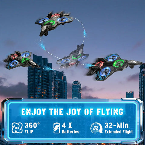 Foam RC Plane For Kids And Adults With Four Rechargeable Batteries Cool LED Lights 360 Degree Flip Stunt Jet in flight over cityscape