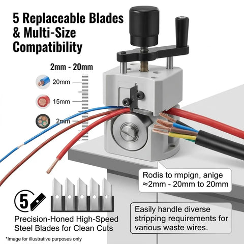 Heavy Duty Manual Wire Stripper Tool With Five Blade System, Lightweight Plastic Body, Hand Crank For 2 To 20mm Cables, shown with wires