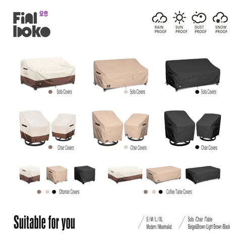 3-Seater Outdoor Sofa Cover Waterproof Heavy Duty Patio Furniture Cover All Weather Protection for Beige and Brown Outdoor Couch Fits Up To 76W X 32D X 31H Inches Shields Benches Loveseats and Sofas From Rain and Sun in beige, brown, and black colors with sofa, chair, and ottoman covers.