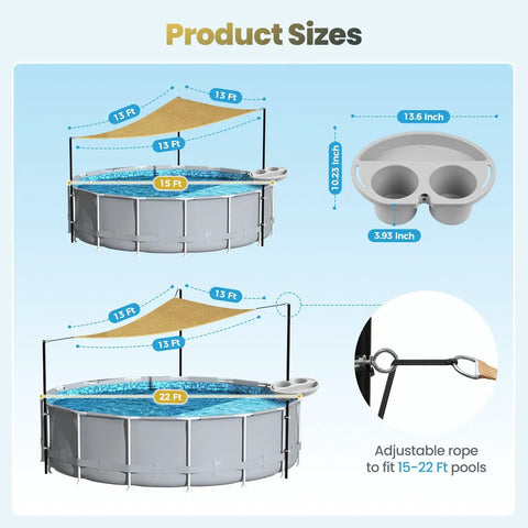 Diagram showing Above Ground Pool Shade Kit With Storage Tray, UV Resistant Shade Sail for 15 to 22 Ft Pools, canopy dimensions.