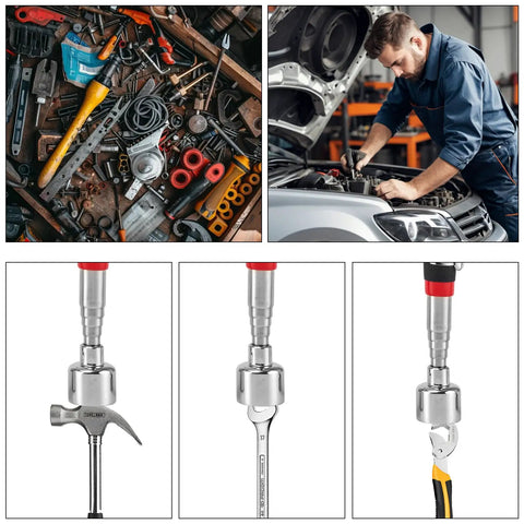 Two Pack Telescoping Magnetic Pick Up Tools for Auto, Home and Garage lifting wrench and hammer, shown in use and detailing.