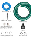 Beast Of A Gas Powered Trash Pump 2 Inch, 158 GPM, with 25ft discharge hose, 12ft suction hose, fittings, and accessories shown