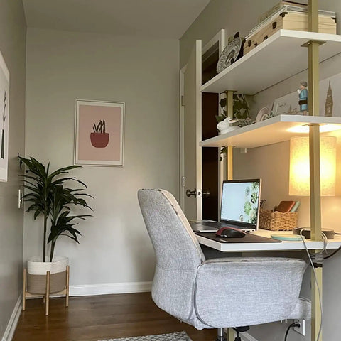 Industrial Style Wall Mounted Desk With Three Shelves Slim Floating Desk For Small Spaces in black and brown finish, set up in home office