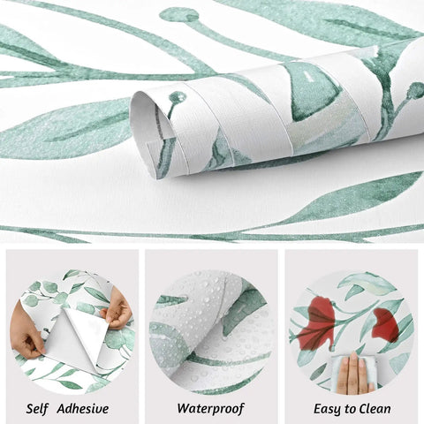 Green Leaf Floral Peel and Stick Wallpaper Self Adhesive Wall Covering 17.7 x 394 Inches Watercolor Leaves Removable Contact Paper for Cabinets and Walls Easy to Apply Chic Modern Home Decor Vibe with self-adhesive, waterproof, and easy to clean features shown.