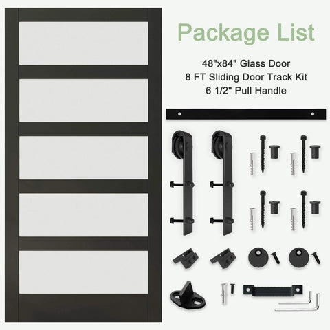 48 Inch Glass Sliding Barn Door Kit With 8 Ft Track, 5 Panel Frosted Glass, Black Frame, Hardware Included, Water Resistant PVC Coating
