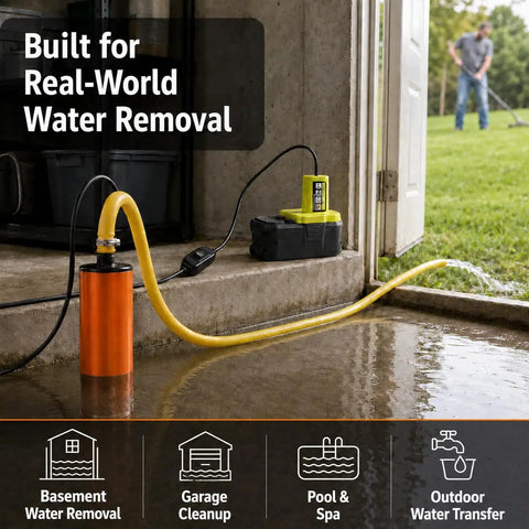 Compatible With Ryobi One Plus 18V Battery Cordless Transfer Pump Crushing Fluid Jobs At 635 Gallons Per Hour With A Slick Adapter in use for water removal.