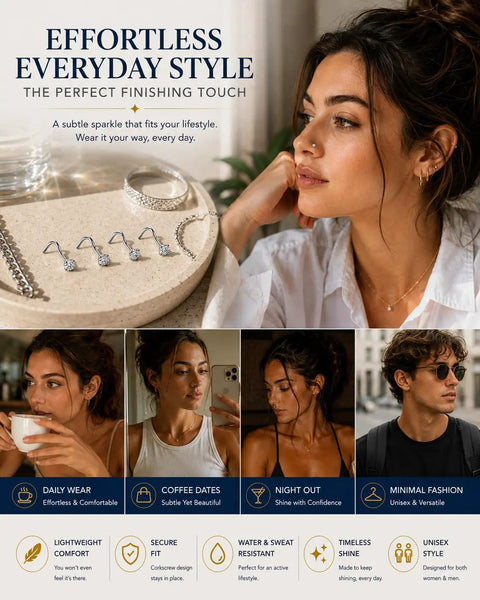 Snag These Clean G23 Titanium Corkscrew Nose Studs With Sparkling CZ Tops Hype Ready 20 Gauge Body Piercing Jewelry Chill Fit Lightweight Silver Set For Effortless Daily Wear displayed with model showcasing daily wear style.