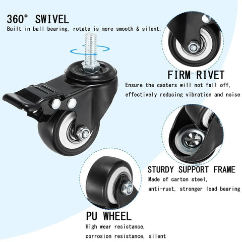 Four Piece Heavy Duty Polyurethane Swivel Casters With Solid Locking Brakes Smooth As Silk Rolling 1.5 Inch Wheels for tool stands.
