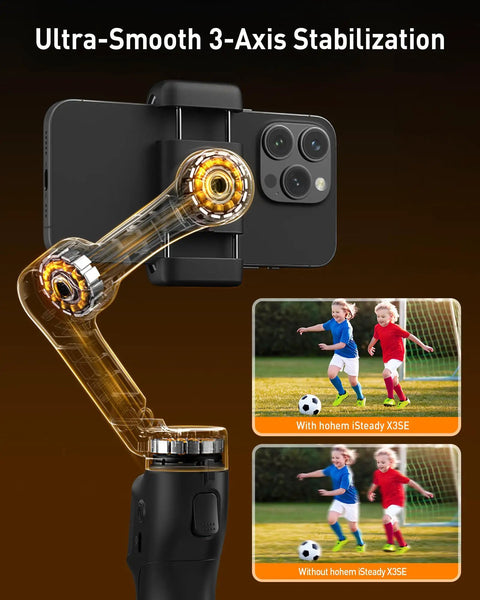 Compact 3 Axis Phone Gimbal With Detachable Magnetic Remote showing stabilization effect for iPhone and Android in sports