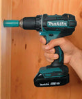 Workhorse Compact Cordless Driver Drill Kit Featuring Slick 18V Lithium Ion Power Half Inch Keyless Chuck And Pro Grade Torque Built For The Daily Grind in use, drilling into wood.